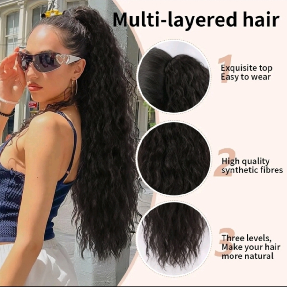 Luxurious Black Wavy Clip On Hair Extension Ponytail - Picture 4 of 5
